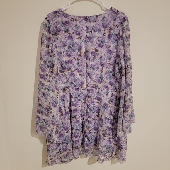 Womens Mini Dress‎ 2XL Chiffon Purple Floral Cottagecore Bell Sleeve Fairy - Picture 2 of 6